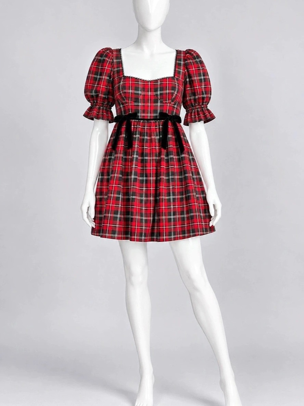 Cider Plaid Puff Sleeve Mini Dress in Red & Black NWT